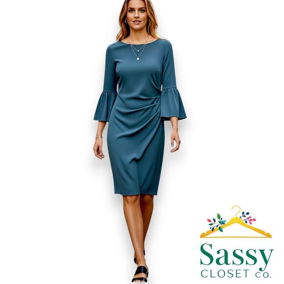 Lauren Ralph Lauren Dresses & Skirts - ✨Lauren Ralph Lauren Teal Ruched Sheath Dress 8 Wedding Guest Statement Sleeve ✨